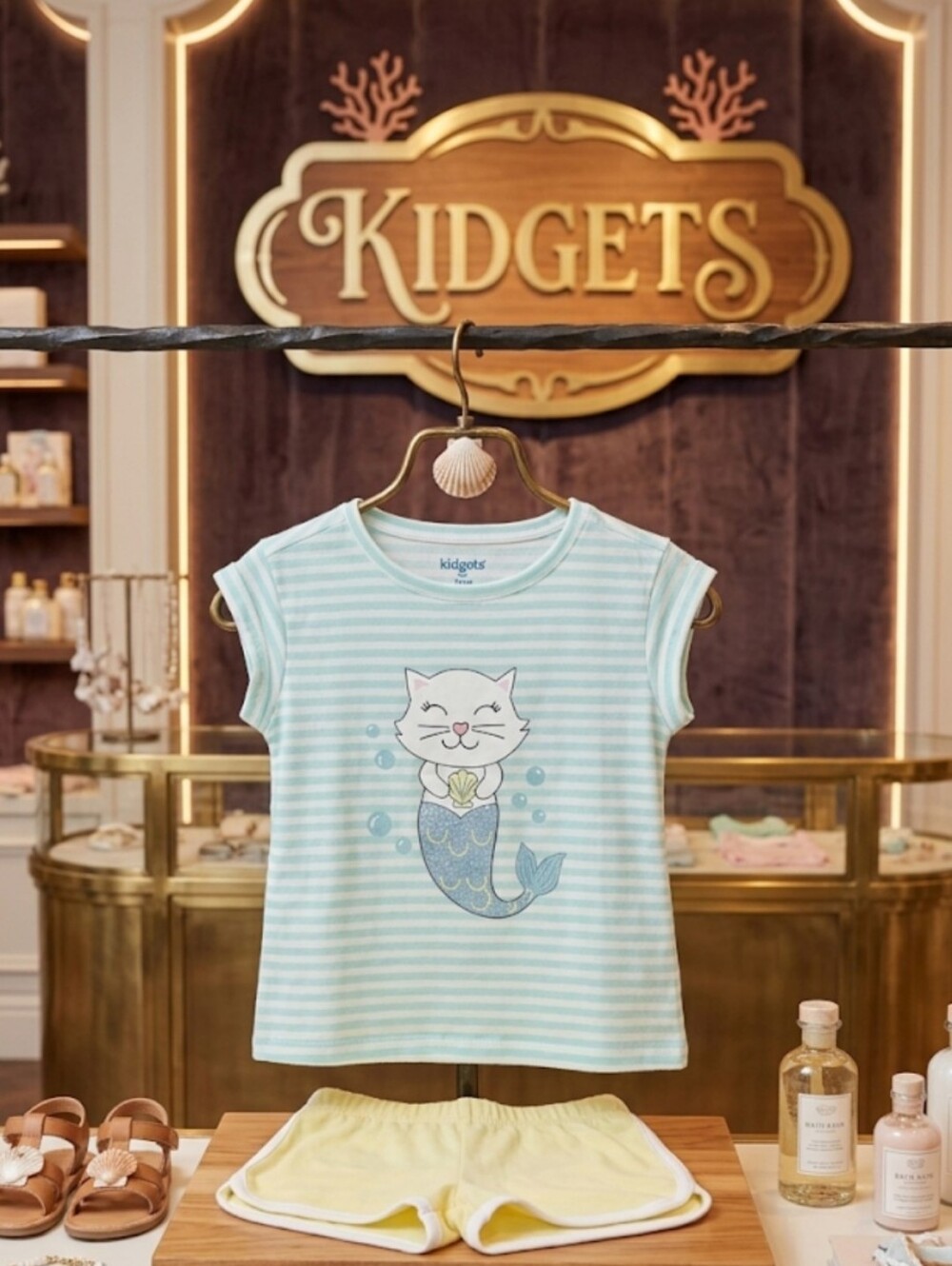 Kidgets NWOT Toddler Girl 2pc Mermaid Cat Top & Yellow Shorts Set 24M